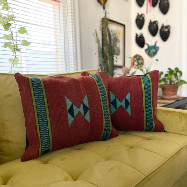 Pair (2) of handwoven colorful wool Zapotec pillow case with burnt orange red, green, teal, and navy geometric pattern ~19.5 x 14.5 inches