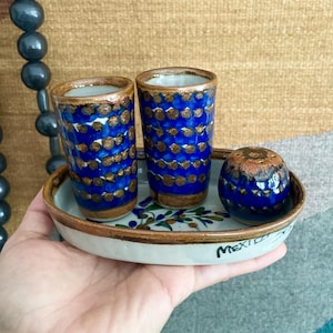 Tonalá Steingut Tequila-Set mit Vogel- und Pflanzenmotiven für zwei (2) mit Salzstreuer und Servierplatte