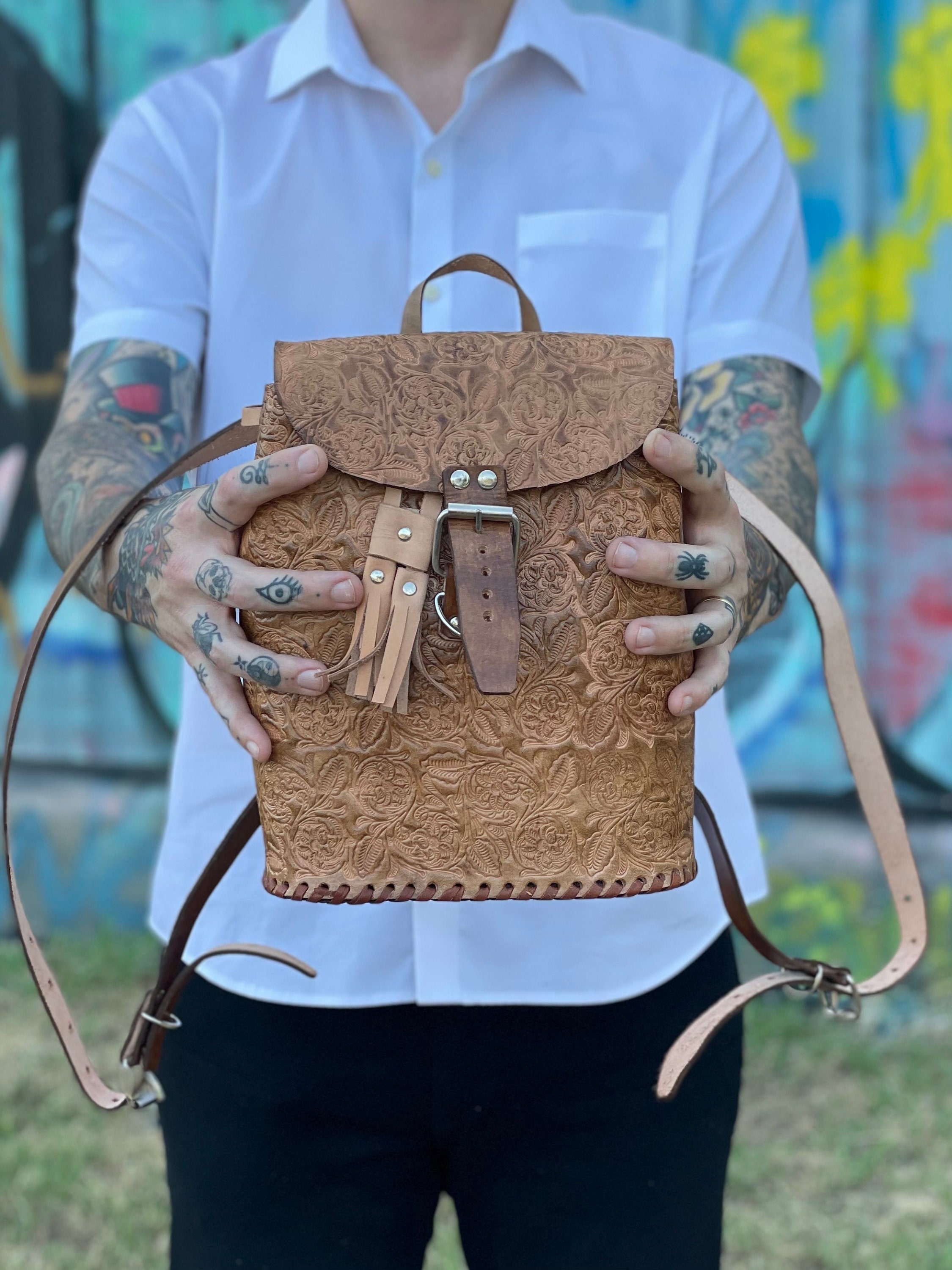 Vintage Floral Leather Mini Backpack in Black