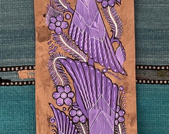 Monochrome panel-shaped Amate paper flora and fauna paintings from Mexico 23.25 inches X 7.25 inches—lavender light purple