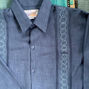 Men’s Premium Linen Guayabera Shirt from Yucatan, Mexico in denim blue color size M/L