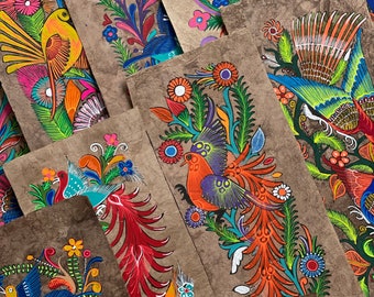 Pinturas de flora y fauna de México en papel Amate en forma de panel, 7.25 pulgadas x 23.25 pulgadas