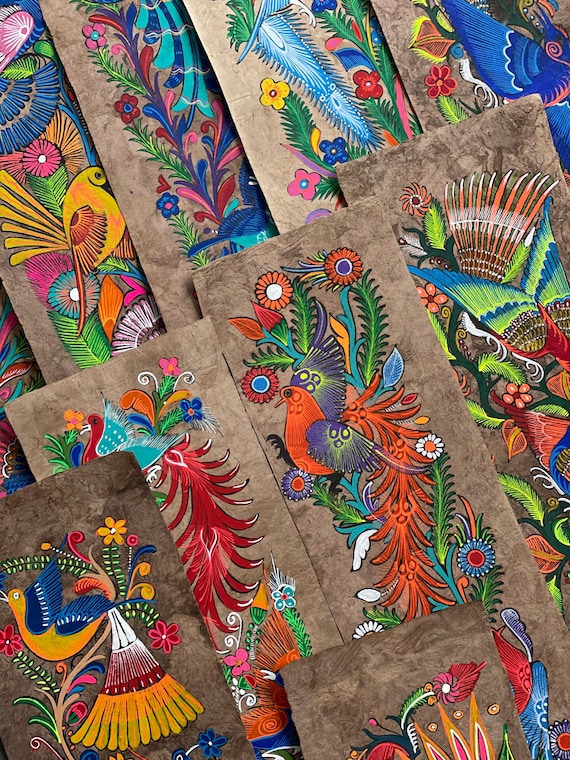 Panel-shaped Amate paper flora and fauna paintings from Mexico 7.25 inches x 23.25 inches