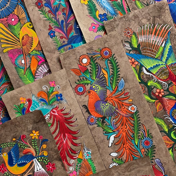 Panel-shaped Amate paper flora and fauna paintings from Mexico 7.25 inches x 23.25 inches