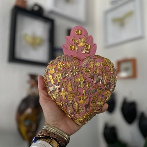 Flamingo pink Wooden Sacred Heart with Gold colored Milagros