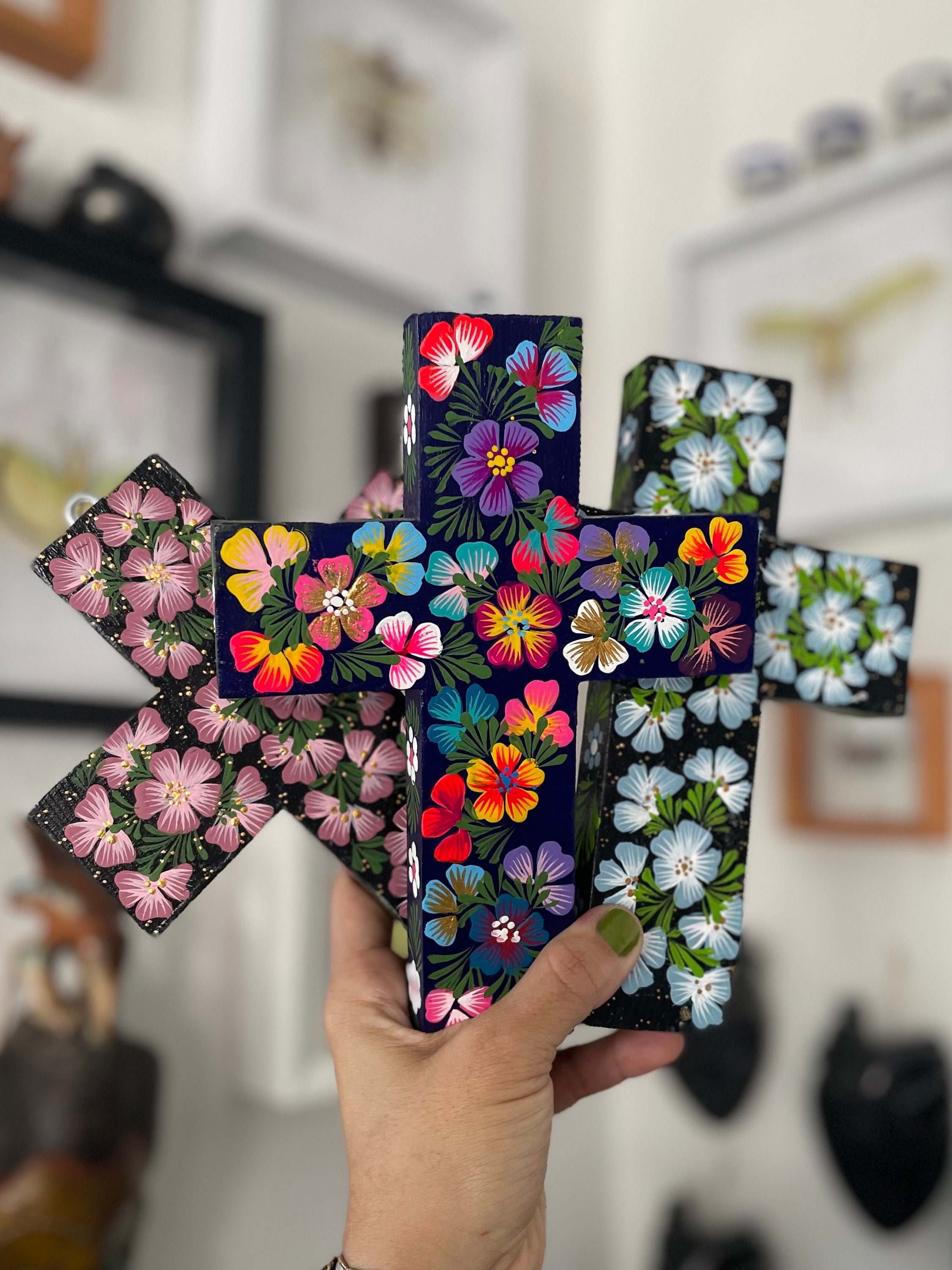 Alebrije-style Floral Motif Copal Wood Cross From Oaxaca With Wall