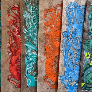 Monochrome panel-shaped Amate paper flora and fauna paintings from Mexico 23.25 inches X 7.25 inches—orange