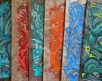 Pinturas monocromáticas de flora y fauna de México, hechas en papel amate, en forma de panel, 59,4 x 18,3 cm (color naranja)