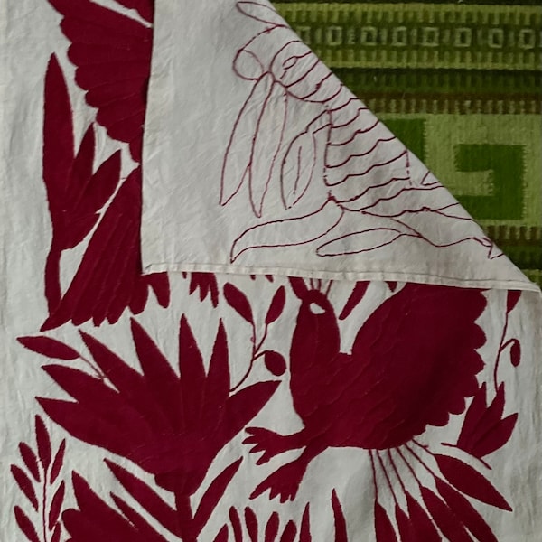 Deep sanguine blood red Tenango Otomi hand embroidered vertically oriented table runner