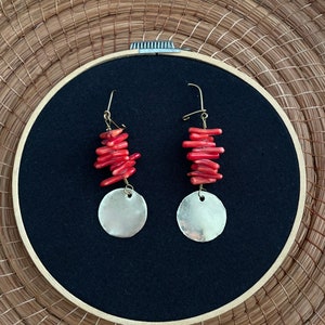 Boho rustic brass earrings from Mexico with red coral beads and nickel silver discs