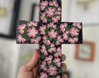 Alebrije-style Floral Motif Copal Wood Cross From Oaxaca With Wall