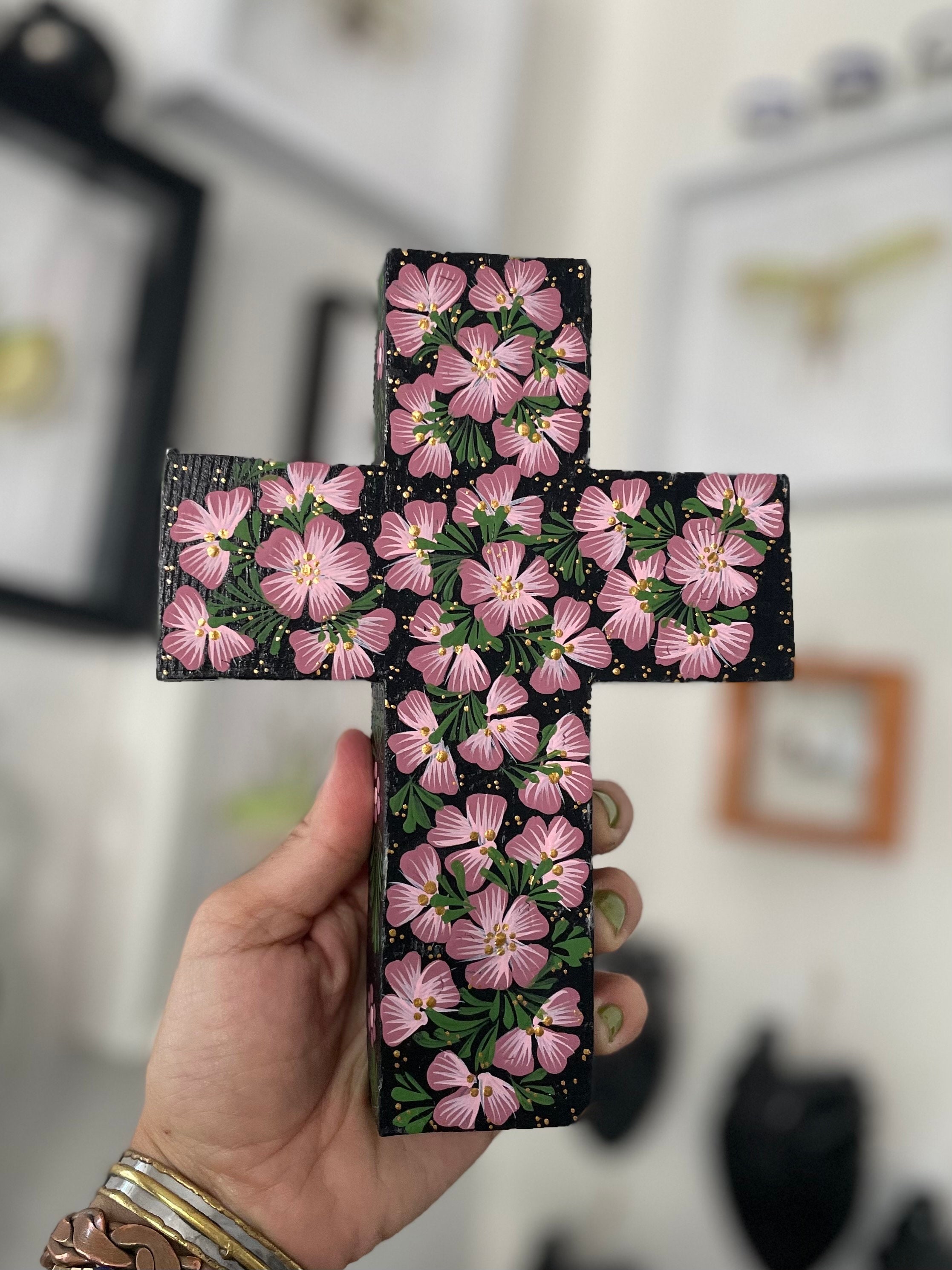 Alebrije-style Floral Motif Copal Wood Cross From Oaxaca With Wall