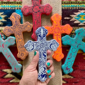New Colors Added! Brightly colored hand painted birds and flowers ceramic cross from Mexico—sold individually
