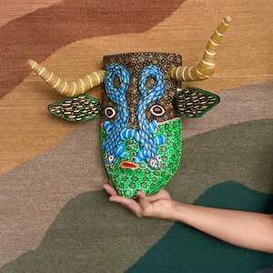 Large Purépecha Ocumicho Colorful Wooden Mask featuring Lizard Crawling on Bull—unique piece