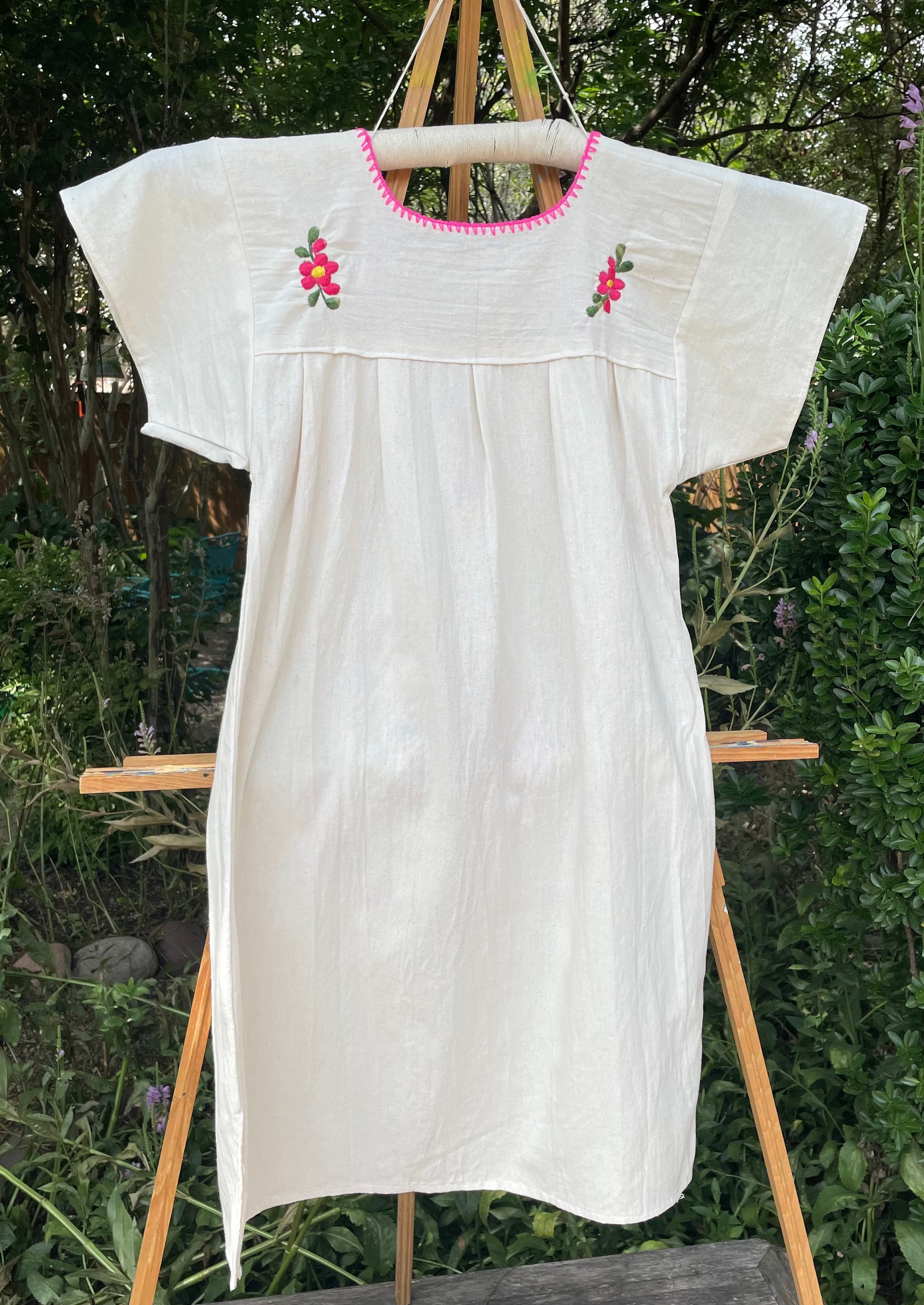 Off White Mexican Dress With Hot Pink Floral Embroidery - Etsy