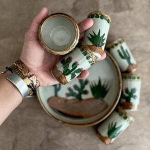 Tonalá Steingut Tequila Set mit Kakteen- und Wüstenmotiven für sechs (6) mit Salzschale und Servierplatte