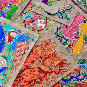 Large Amate flora, fauna, and Aztec solar calendar paintings from Mexico 15 inches X 23 inches