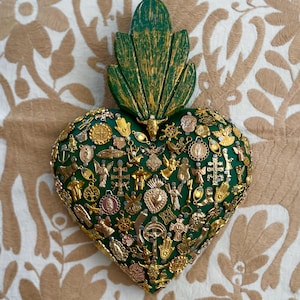 Wooden Emerald Green Sacred Heart with Gold colored Milagros from Mexico