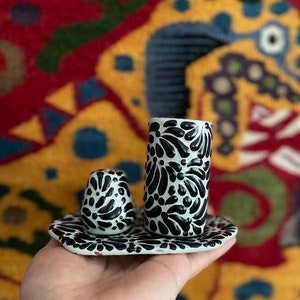 Black plumeado “feathered” tequila set for one (1) genuine Talavera from Puebla Mexico—unique piece