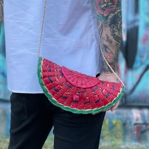 Woven palm watermelon shaped purse from Mexico