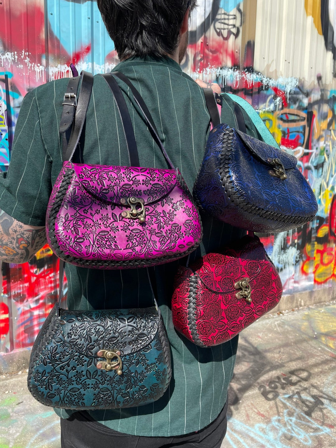 Stamped Leather Crossbody Purse With Stamped Flower Motif From