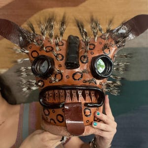 Leather Mexican jaguar Danza del Tigre La Tigrada Tecuan fighting mask with genuine boar bristles—mascara Tehuan de jaguar