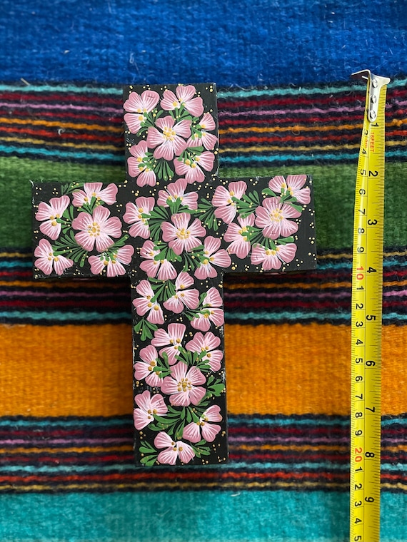 Alebrije-style Floral Motif Copal Wood Cross From Oaxaca With Wall