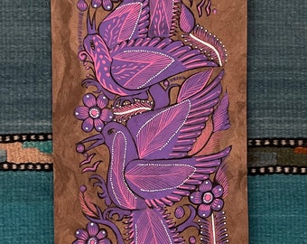 Monochrome panel-shaped Amate paper flora and fauna paintings from Mexico 23.25 inches X 7.25 inches—lavender/light purple and pink