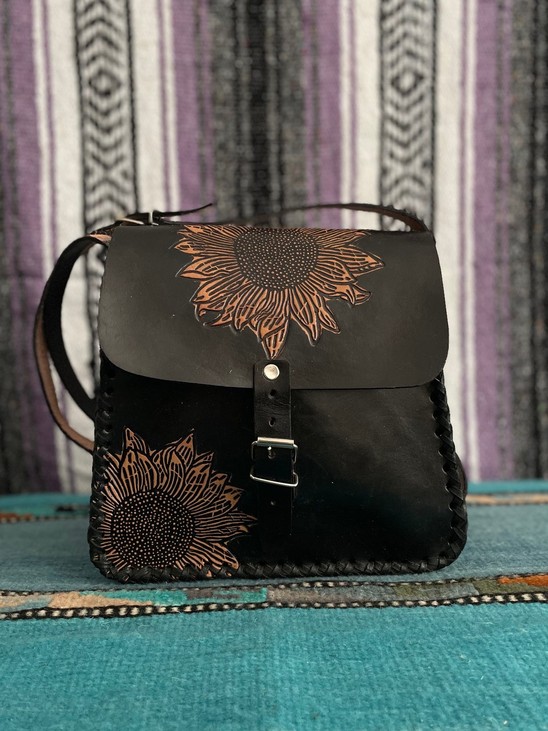 Stamped Leather Crossbody Purse With Stamped Sunflower Motif Etsy
