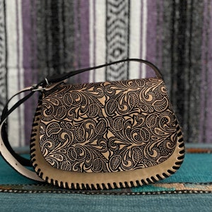 Stamped leather crossbody purse with stamped flower motif from Mexico in beige/tan