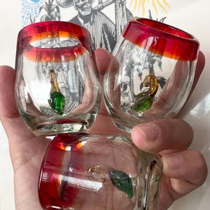 Mexican tequila mezcal sipper red rim glass with green jalapeño chili pepper chile figurine—sold individually