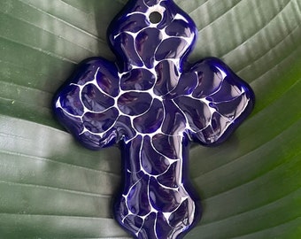 Blue Talavera cross from Puebla, Mexico
