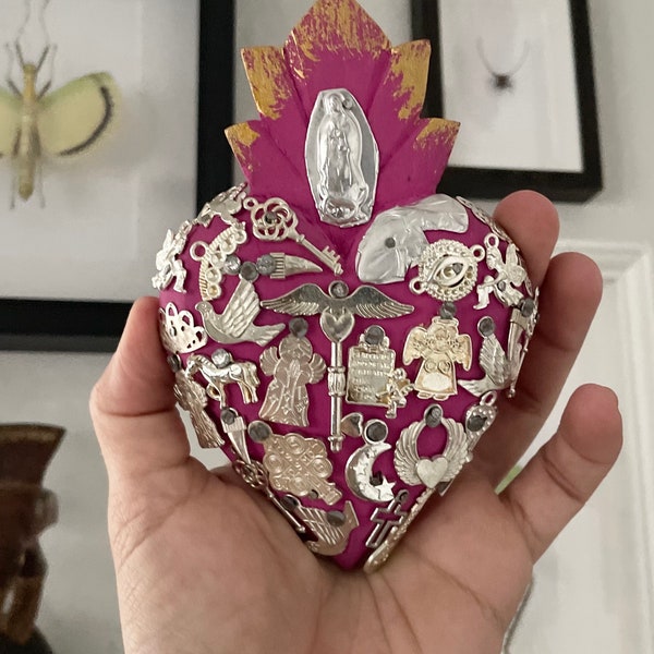 Small Wooden Magenta Sacred Burning Heart with Silver colored Milagros from Mexico