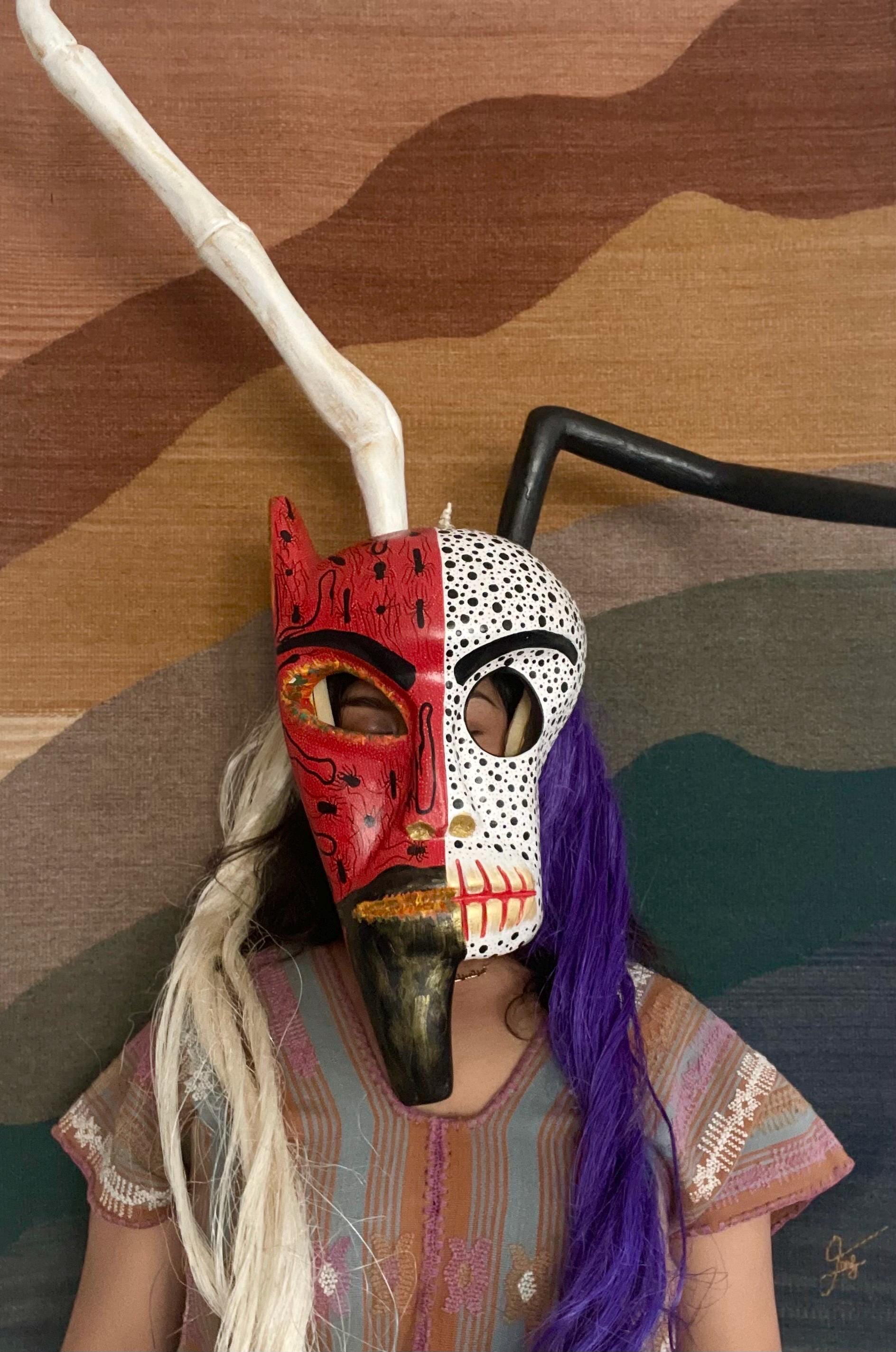 特大（5フィート）のオアハカカーニバルの儀式用の木製の悪魔のマスク。クモや昆虫、天然繊維の髪の毛が特徴。ユニークな作品です。 - Etsy 日本, image size:1888x2849