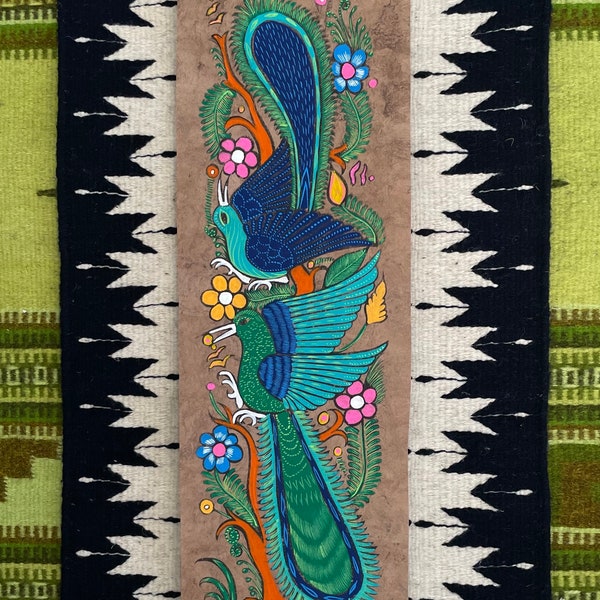 Panel-shaped Amate paper flora and fauna painting from Mexico 7.25 inches x 23.25 inches in blues and greens