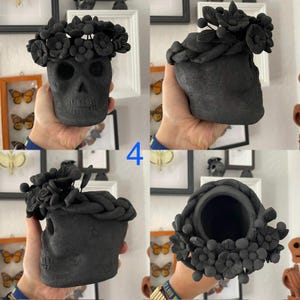 Vaso em forma de crânio com coroa de flores em cerâmica preta oaxaquenha para flores secas — arte cerâmica zapoteca (vendido individualmente) 4