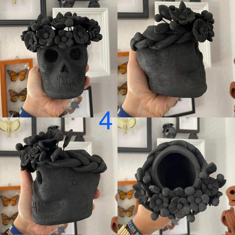 Vaso em forma de crânio com coroa de flores em cerâmica preta oaxaquenha para flores secas — arte cerâmica zapoteca (vendido individualmente) 4
