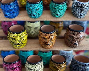 Hand sculpted colorful jaguar earthenware drinking vessels from Chiapas Mexico (sold individually or by the pair)