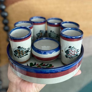 Tonalá Steingut Tequila Set mit Fisch und Pflanzenmotiven für Sechs (6) mit Salzschale und Servierplatte