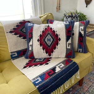 Pair (2) of handwoven colorful wool Zapotec pillow case with red, white, and blue geometric pattern with matching runner