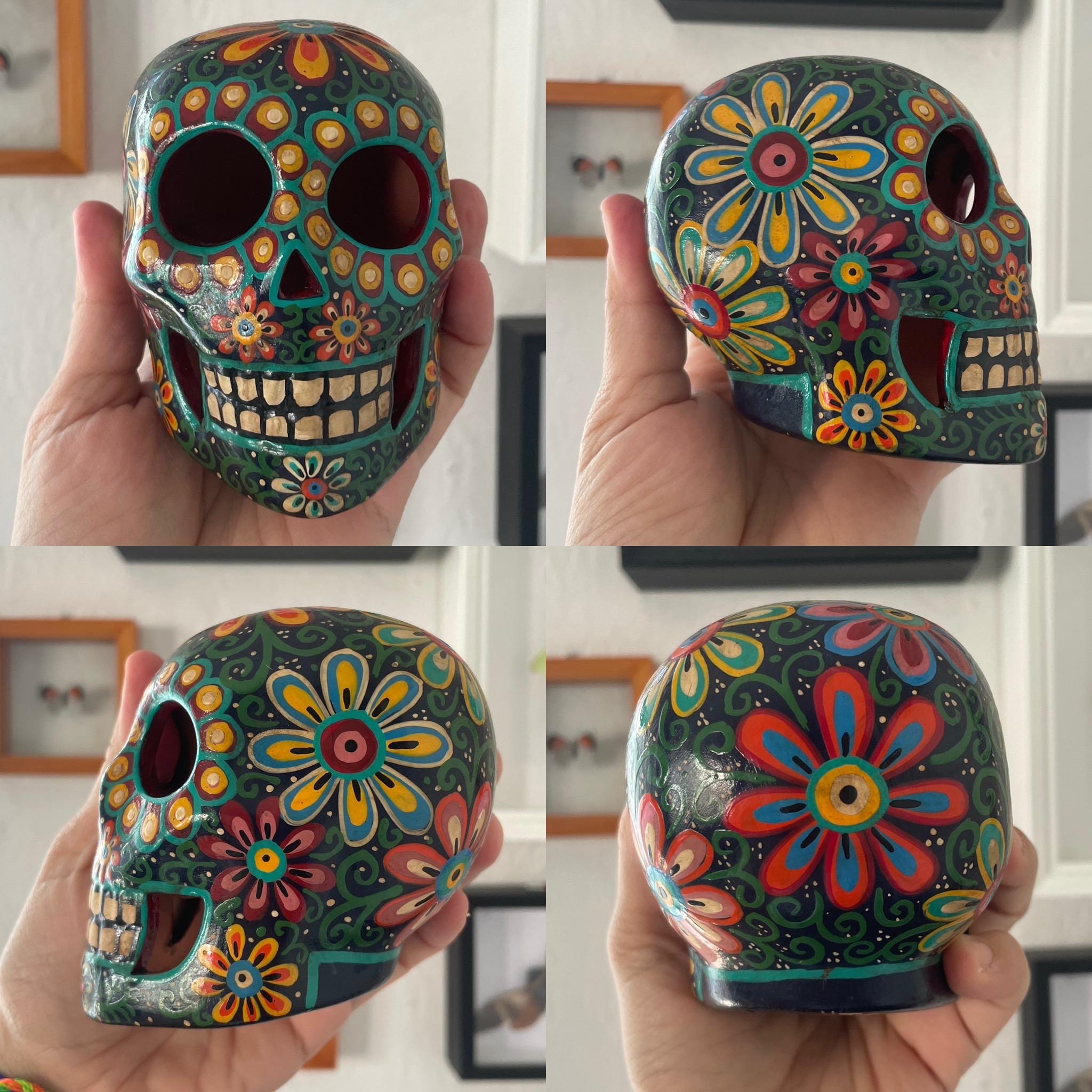 Hand Painted Brightly Colored Detailed Ceramic Skull From Mexico