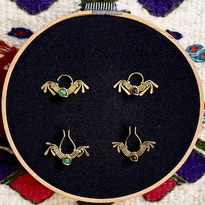 Ornate filigree septum brass piercing with natural garnet or aventurine stone handmade in Mexico—faux option available