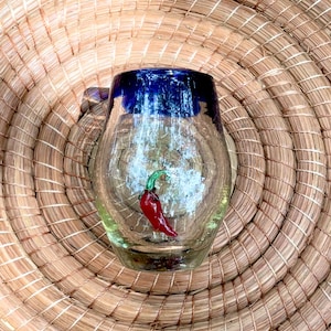 Set of four (4) blue rim Mexican tequila mezcal sipper glass with red jalapeño chili pepper chile figurine