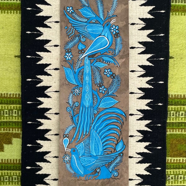 Monochrome panel-shaped Amate paper flora and fauna paintings from Mexico 23.25 inches X 7.25 inches—blues with white accents