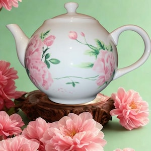 Vintage Floral Tea Pot: Pink Flowers, Green Leaves - Collectible Home Decor