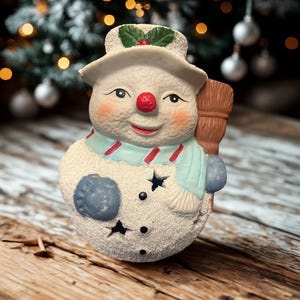 Retro Snowman.Hand painted snowman candle holder. Christmas tea light holder. Vintage snowman decor.snowman with scarf and broom.Porcelain