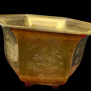 Vintage Etched Brass Planter: Asian Bird & Tiger Design