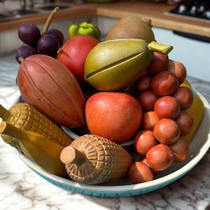 Vintage Divided Ceramic Serving Dish with Hand Carved Wood Fruit