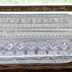 Vintage Pressed Glass Butter Dish with Lid – Diamond Pattern | Clear Glass Rectangular Butter Keeper