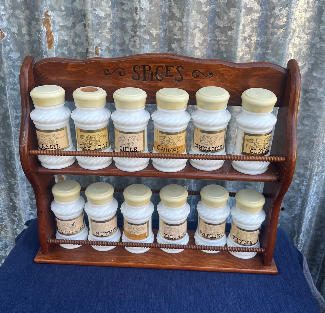 Vintage Wooden Spice Rack With Milk Glass Jars.farmhouse Kitchen Decor